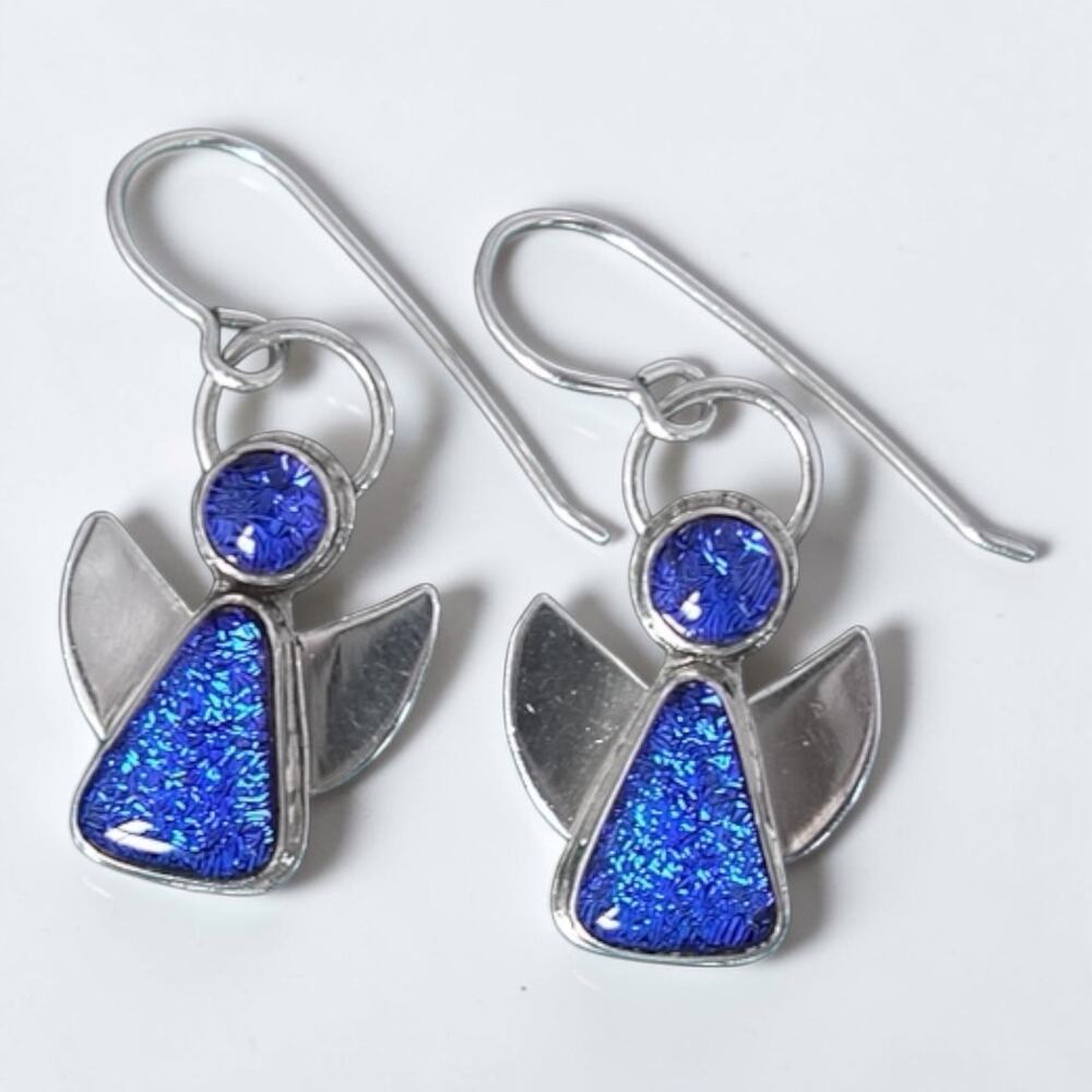 Vintage Robin Sterling Artisan Silver Angel Earrings Blue Dichroic Glass